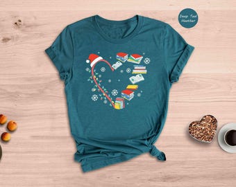 Christmas Book Heart Shirt, Bookworm Candy Cane Tee, Librarian Teacher Gift, Holiday Reading Shirt