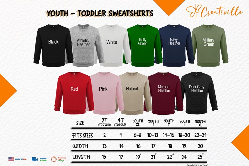 a collection of youth and toddler sweatshirts in various colors and sizes, arranged in a grid format.