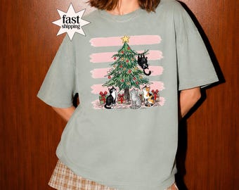 Comfort Colors® Christmas Cat Shirt, Cute Cats Christmas Tree Tee, Whimsical Holiday T-Shirt, Cat Mom Christmas Outfit