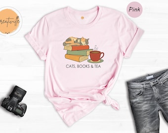 Cats Books & Tea Shirt, Cute Cat Lover T-Shirt, Book Lover Gift, Bookish Reader Tee, Cozy Librarian Gift for Women