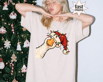 Comfort Colors® Christmas Goose Shirt, Funny Holiday Goose Tee, Santa Hat Goose T-Shirt, Christmas Lights Graphic Tee