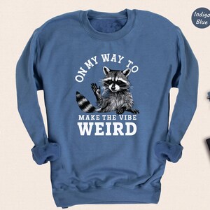 a blue sweatshirt with a raccoon on it