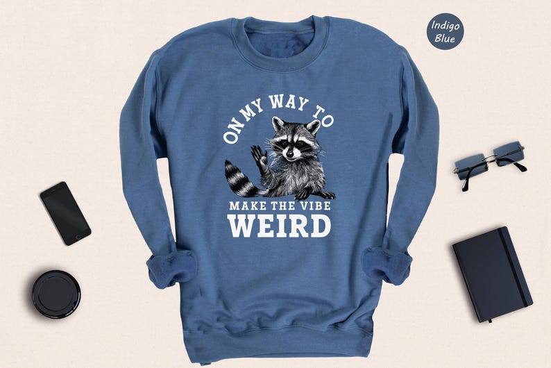 a blue sweatshirt with a raccoon on it