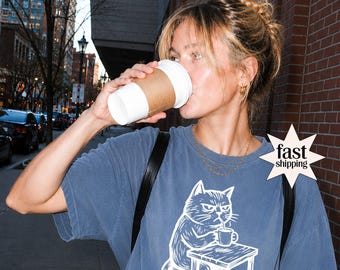 Comfort Colors® Coffee Lover Cat Shirt, Moody Cat Drinking Coffee Graphic Tee, No Talkies Funny Quote