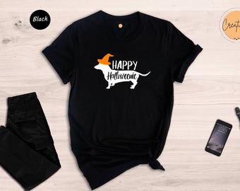 Happy Halloweenie Dachshund Shirt, Funny Witch Hat Wiener Dog Tee, Halloween Dog Lover Gift, Cute Weenie Dog Costume T-Shirt