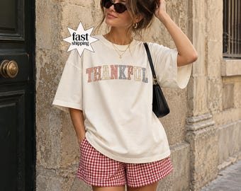 Comfort Colors® Thanksgiving Shirt, Thankful Collegiate Lettering Tee, Retro Autumn Graphic Shirt