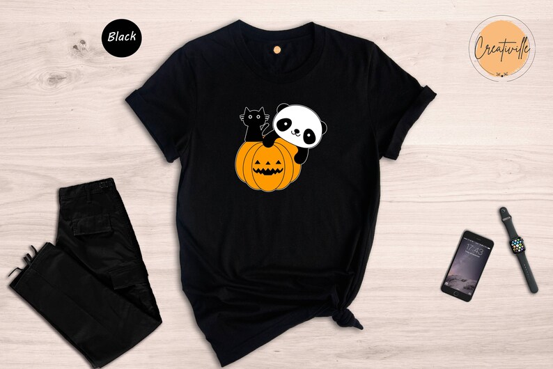 Panda and Black Cat Halloween Shirt, Happy Halloween Tee, Panda Lover Gift, Trick or Treat, Panda Lover Tee, Halloween Sweatshirt image 3