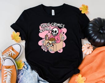 True Crime & Chill Skeleton Shirt, Funny Halloween Tee, Retro Skeleton Watching TV, True Crime Podcast Lover Gift, Spooky Season Shirt