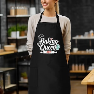 a woman wearing an apron that says baking queen