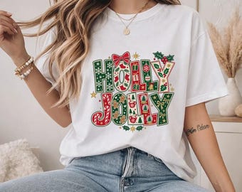 Christmas Joy Shirt with Festive Holiday Lettering and Gift Motifs