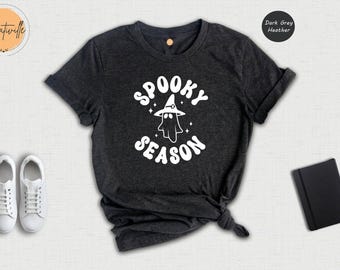 Spooky Season Shirt, Cute Ghost with Witch Hat Tee, Retro Halloween T-Shirt, Funny Fall Graphic Tee, Gift for Halloween Lovers