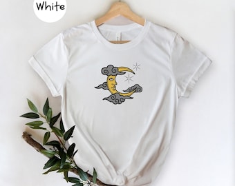 Tarot Moon Face Shirt, Vintage Celestial Crescent Moon Tee, Mystical Astrology Lover Gift, Boho Stars Clouds T-Shirt for Women