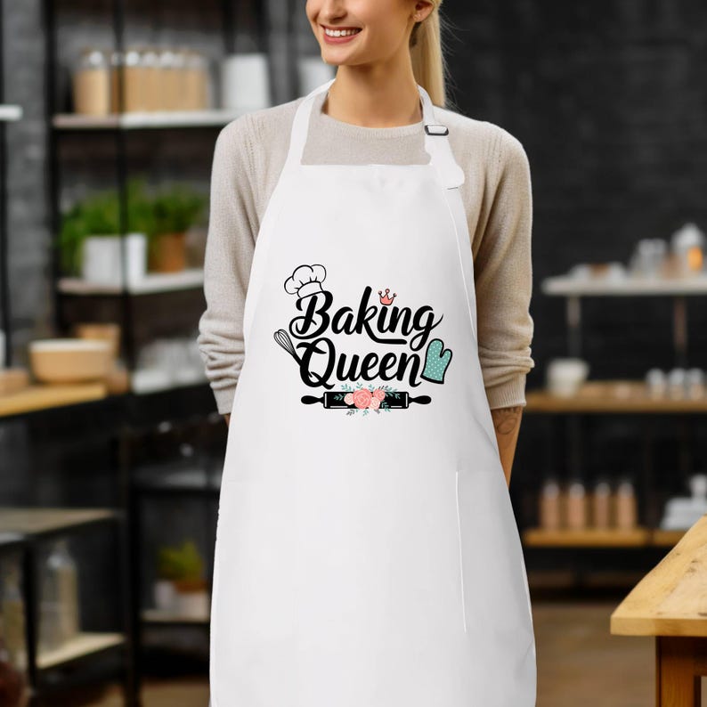 a woman wearing an apron with the words baking queen on it