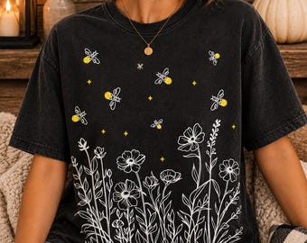 Comfort Colors®  Wildflower Meadow T-Shirt Botanical Floral Tee Cottagecore Nature Shirt Celestial Stars Violet Garment Dyed