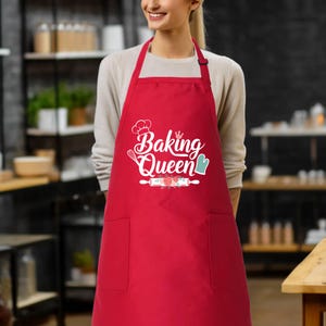 a woman wearing a red apron with the words baking queen on it