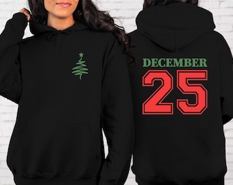 December 25 Christmas Tree Hoodie, Varsity Number Xmas Sweatshirt, Holiday Gift for Her