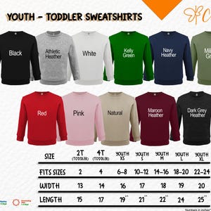 a collection of youth and toddler sweatshirts in various colors and sizes, arranged in a grid format.
