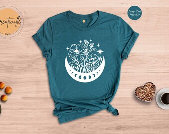 Celestial Floral Moon Shirt, Boho Wildflower Moon Phase Tee, Mystical Nature Lover Gift, Crescent Moon Botanical T-Shirt for Women