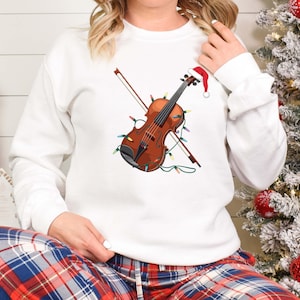 Sweat-shirt de Noël avec violon, T-shirt musicien avec bonnet de Père Noël, Cadeau de Noël pour violoniste, Pull pour amoureux de la musique
