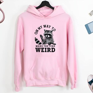 a pink hoodie with a raccoon on it