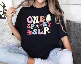 One Spooky SLP Shirt, Cute Halloween Speech Therapy Tee, Retro Pastel Ghost Skull Shirt, SLP Gift