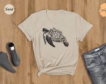 Floral Sea Turtle Shirt, Mandala Turtle T-Shirt, Beach Lover Gift, Ocean Animal Tee, Turtle Lover Shirt for Women
