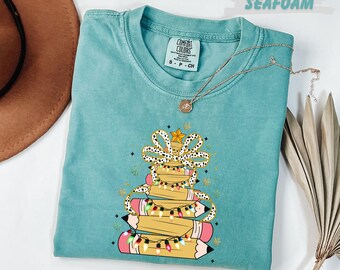 Comfort Colors® Christmas Pencil Tree Teacher Shirt, Teacher Christmas T-Shirt