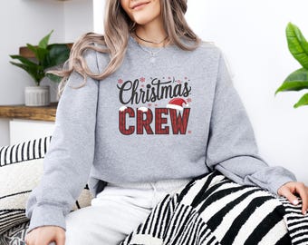 Christmas Crew Sweatshirt, Buffalo Plaid Santa Hat Sweater, Matching Family Holiday Shirt, Group Xmas Crewneck Gift