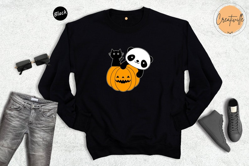 Panda and Black Cat Halloween Shirt, Happy Halloween Tee, Panda Lover Gift, Trick or Treat, Panda Lover Tee, Halloween Sweatshirt image 8