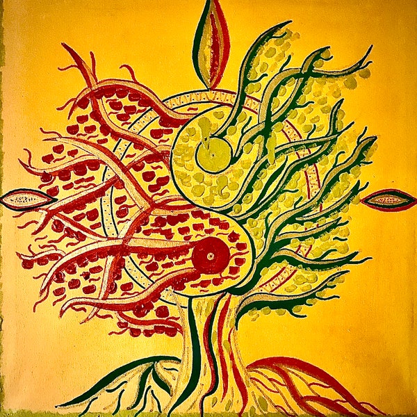 Tableau 40X40, Mandala arbre yin-yang, peinture acrylique sur toile