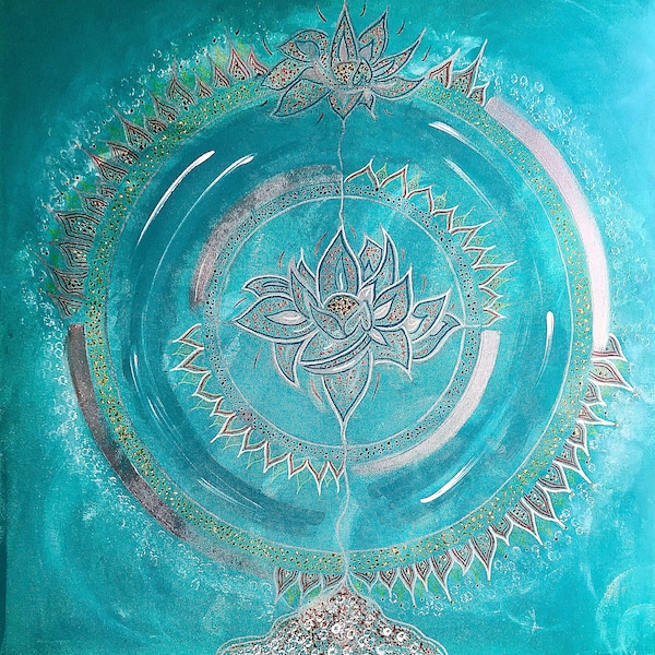 Tableau 80X80, Mandala fleur de lotus, peinture acrylique, sur commande