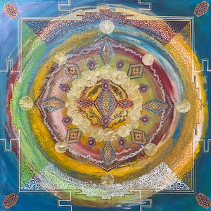 Dipinto 60X60, il mandala sacro, pittura acrilica e collage