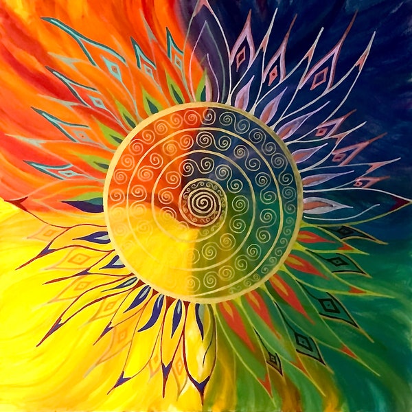 Tableau 70X70, Mandala vibratoire Flamboyant, peinture sur toile, acrylique