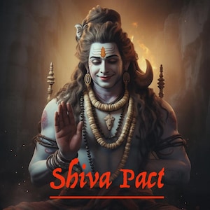 Può includere: Opera d'arte digitale di una divinità sorridente con lunghi capelli castani, adornata da gioielli e un segno del terzo occhio. L'immagine presenta il testo "Shiva Pact" in rosso, su uno sfondo caldo e luminoso. La divinità è raffigurata con un'espressione serena.