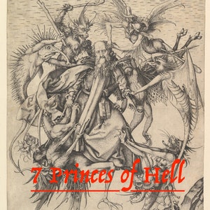 以下が含まれることがあります： 7人の悪魔に囲まれた男を描いた白黒の木版画。悪魔はローブを着た男を攻撃している。版画のタイトルは「7 Princes of Hell Pact」。
