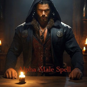 Puede incluir: Un hombre con una capa negra con capucha y ribete de piel, un chaleco oscuro y un collar de plata con un colgante. Está de pie frente a una mesa de madera con una vela encendida. El texto "Alpha Male Spell" está escrito en letras rojas debajo de la imagen.