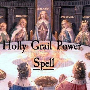 Peut inclure: Illustration colorée d'une table ronde avec des personnages en vêtements médiévaux. Le texte "Holly Grail Power Spell" est affiché. L'image présente des personnes portant des couronnes et des robes, créant une atmosphère mystique ou historique.