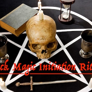May include: A black magic initiation ritual scene with a human skull, a pentagram, candles, a sword, a book, and two chalices on a black cloth.