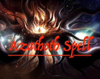 Może przedstawiać: Cyfrowa ilustracja kosmicznego oka z mackami, otoczonego gwiazdami i galaktykami. Tekst "Azathoth Spell" jest napisany czerwonym kursywą pod okiem.
