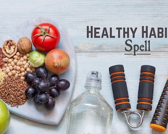 May include: A heart-shaped plate with a variety of healthy foods, including fruits, vegetables, grains, and nuts.  A glass bottle of water, hand grippers, and a jump rope are also pictured. The text "HEALTHY HABITS Spell" is displayed above the image.