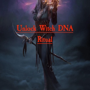 Może przedstawiać: Cyfrowa grafika kobiety w ciemnozielonej sukni, trzymającej zakrzywione ostrze i laskę. Obraz zawiera tekst "Unlock Witch DNA Ritual". Tło jest ciemne, nastrojowe fioletowe i szare.