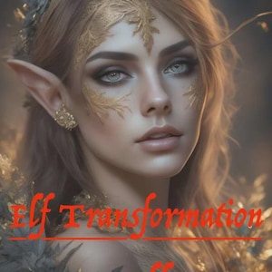 Może przedstawiać: Cyfrowy portret kobiety o elfich cechach, w tym spiczastych uszach i skomplikowanych złotych akcentach na twarzy i włosach. Obraz ma miękką, eteryczną jakość, z tekstem "Elf Transformation Spell" na czerwono.