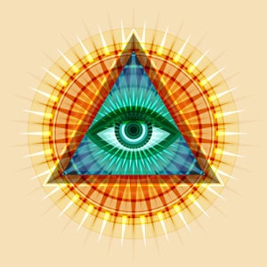 Puede incluir: Un ojo estilizado dentro de un triángulo, rodeado por un patrón de rayos de sol radiantes. El ojo es azul y verde, con una pupila negra. El triángulo está delineado en negro y relleno con un patrón azul y verde. El sol radiante es amarillo y naranja.