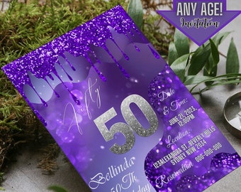 Faire-part 50e anniversaire fille violet dégoulinant, 50e anniversaire invitation, faire-parts 50e anniversaire à imprimer, 50e invitation anniversaire violet