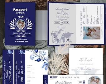 Blue Passport wedding invitation suite template, Details, Program, Boarding Pass RSVP, Ticket, Any Destination, Travel, Come and fly with me