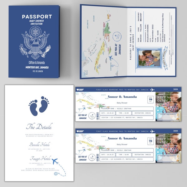 Passport baby shower invitation, Baby shower boarding pass, Baby shower details, Baby shower ticket, Airplane ticket, Destination Invitation