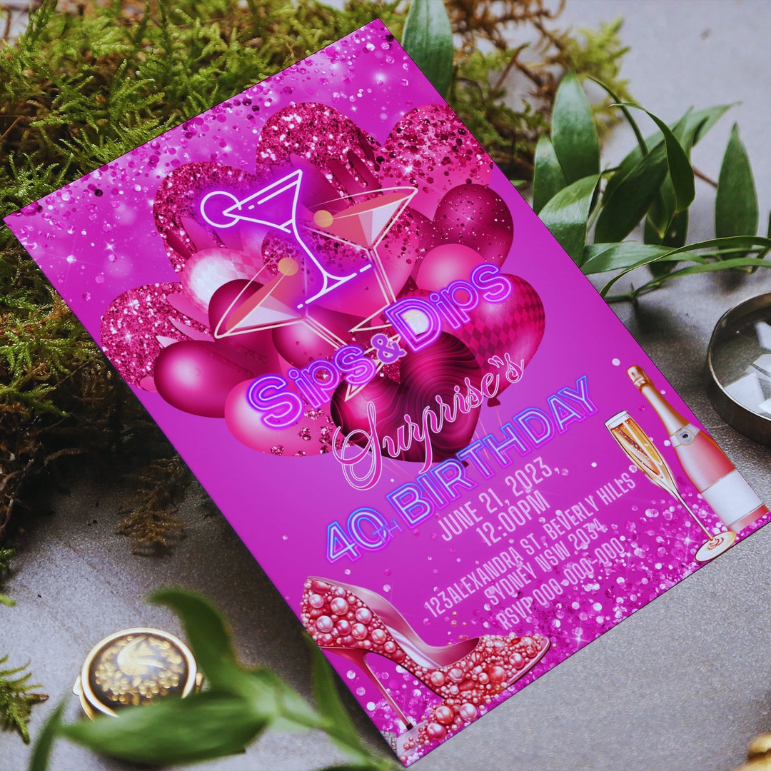 Sips & Dips Neon Hot Pink Glitter Heart Balloons Invite, Glow Neon