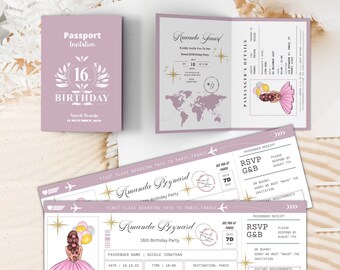 Rose Gold PASSPORT, TICKET and Party Details, Sweet 16, Quinceanera invitation Girl birthday party, Any Age, Airplane, Flight Invitation