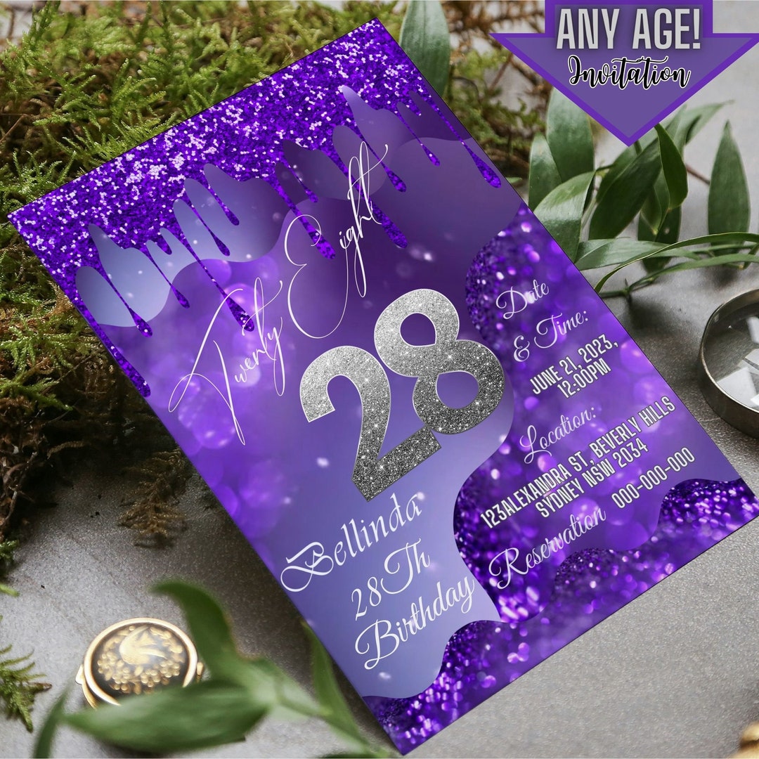 28th Birthday Invitations
 28th Birthday Invitation Girl Purple Dripping 28th Birthday Invite