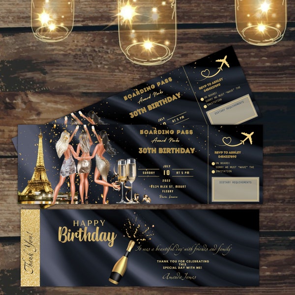 Gold Black Paris suprise trip gift ticket, Girls Night Out ticket invitation, Paris Boarding Pass, Any Event Invitation, thank you tickets